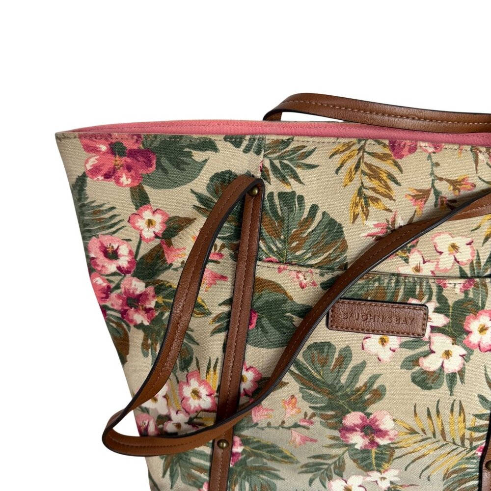 St. Johns Bay Floral Canvas Tote Bag Brown Faux Leather Straps Tropical Design - Picture 4 of 8